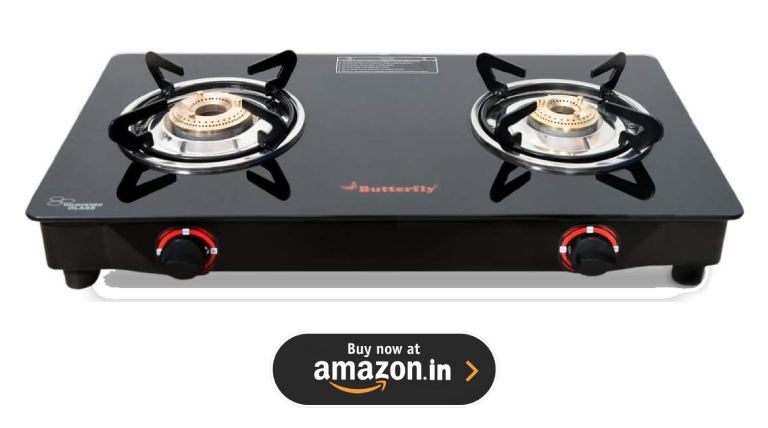Butterfly Smart Glass Top 2 Burner Open Gas Stove (Black)
