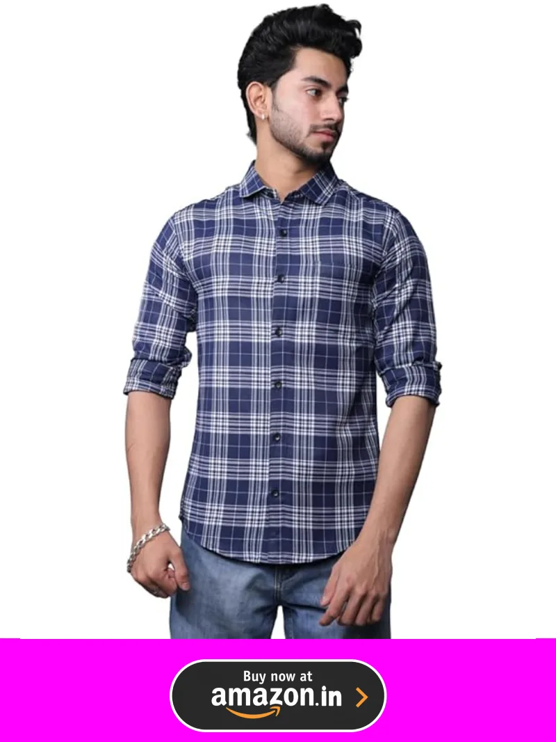 Formal navy blue and white check shirt