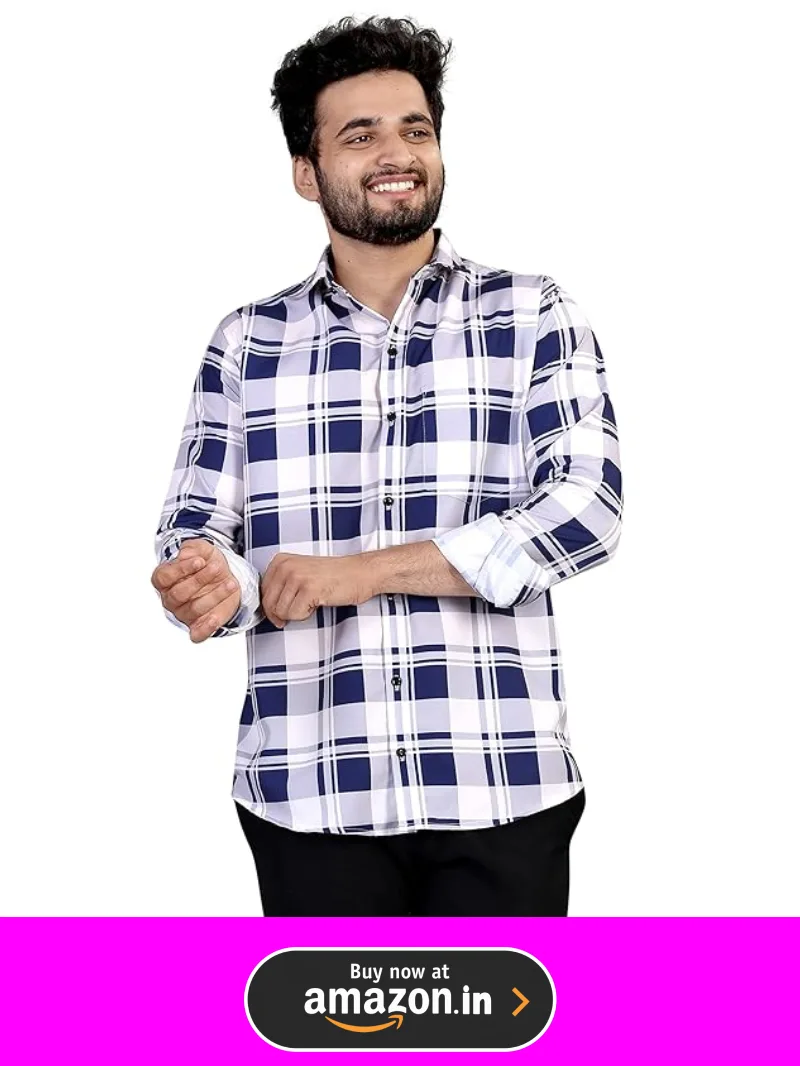 Large patterned navy blue and white check shirt