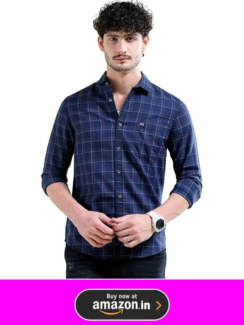 Slim fit navy blue and white check shirt