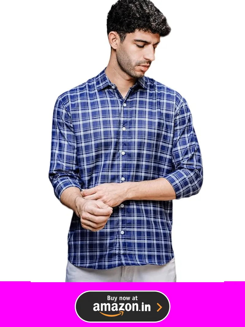 Small patterned navy blue and white checked shirt