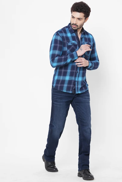 Dark Blue Check Shirt with Blue Jeans