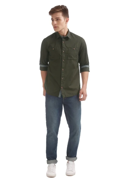 Olive Green Shirt with Blue Jeans